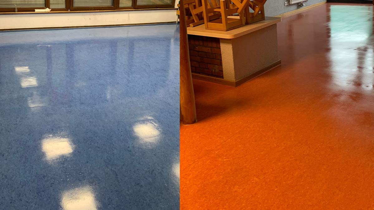 Frisch beschichtete und glänzende Bodenflächen im Kindergarten nach der Reinigung – professionelle Kita Reinigung mit neuer Schutzbeschichtung für langlebige Sauberkeit