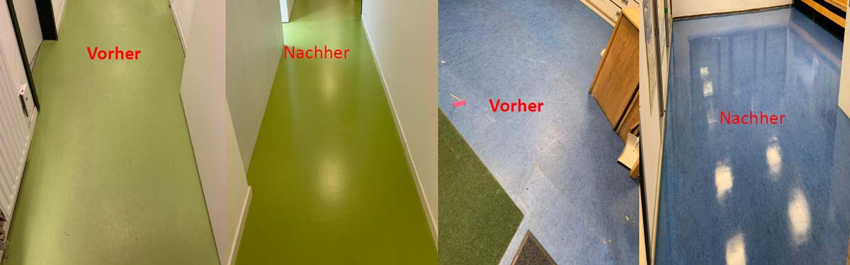 Vorher-Nachher Vergleich einer Kindergarten Reinigung – stark verschmutzte Bodenflächen vor der Reinigung und glänzende, frisch beschichtete Böden nach professioneller Kita Reinigung