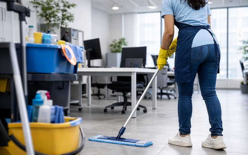 Professionelle Büroreinigung in Offenbach: Reinigungskraft wischt den Boden in modernen Büroräumen und sorgt für hygienische Sauberkeit an Arbeitsplätzen und in Gemeinschaftsbereichen.
