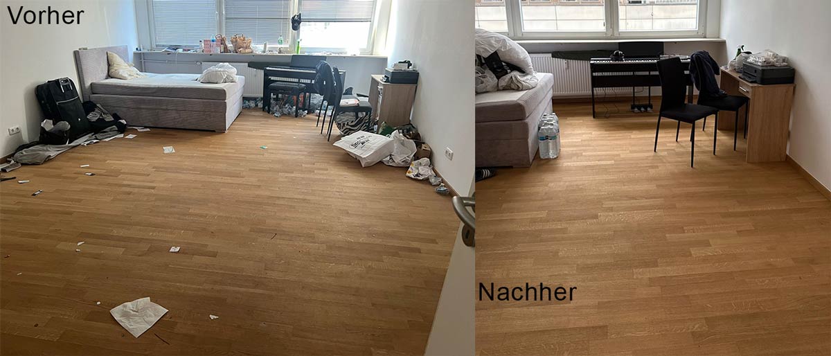 Vorher-Nachher-Vergleich einer professionellen Grundreinigung eines Wohnzimmers in Offenbach. Die Bilder zeigen einen verschmutzten Wohnbereich vor der Reinigung sowie den sauberen Boden und den aufgeräumten Raum nach der Grundreinigung.