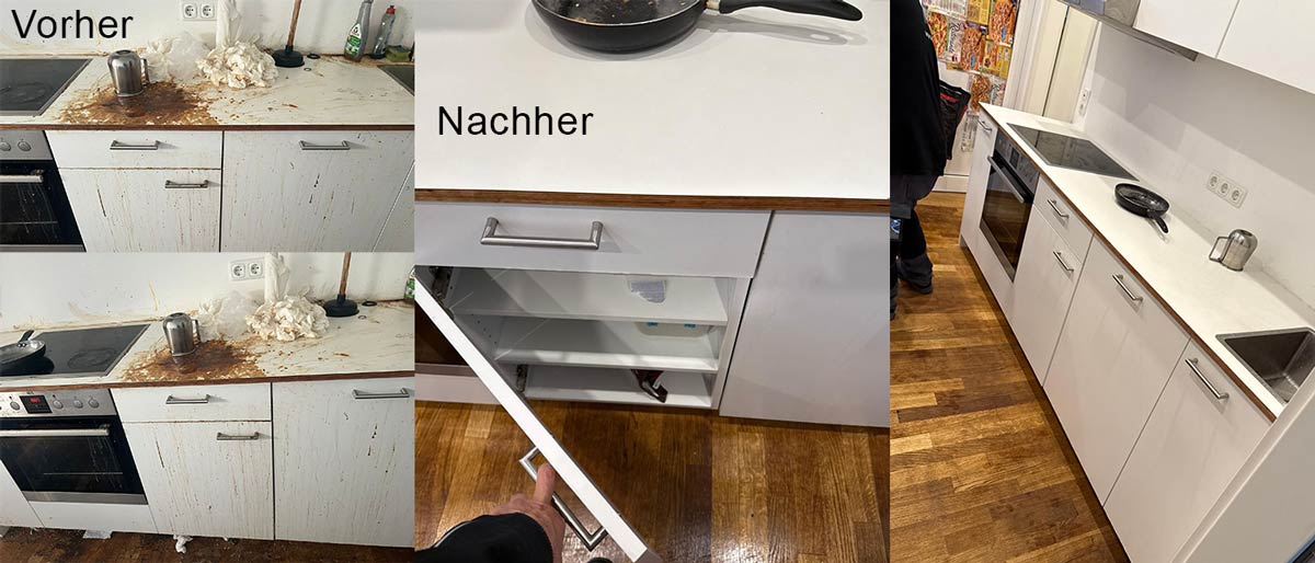 Vorher-Nachher-Vergleich einer professionellen Grundreinigung einer stark verschmutzten Küche in Offenbach. Die Bilder zeigen die gründliche Reinigung von Arbeitsplatte, Küchenschränken und Innenfächern mit deutlich sichtbarem Reinigungsergebnis.