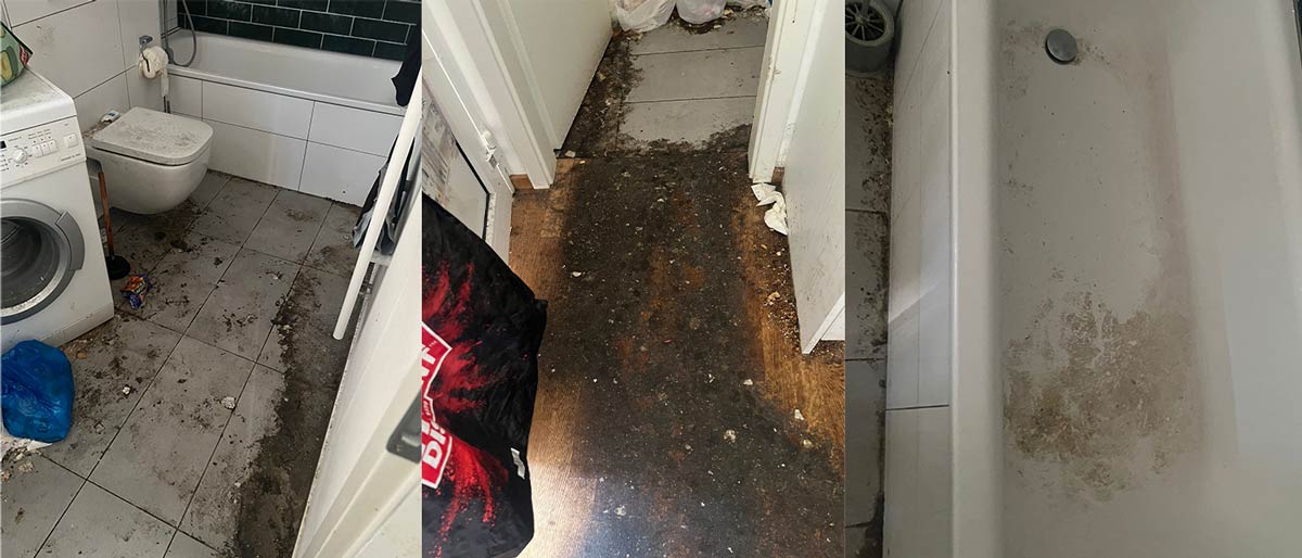Vorher-Bilder einer stark verschmutzten Wohnung vor der professionellen Grundreinigung. Zu sehen sind ein verschmutztes Badezimmer mit stark verschmutztem Boden, ein verschmutzter Flur sowie eine Badewanne mit hartnäckigen Kalk- und Schmutzablagerungen.