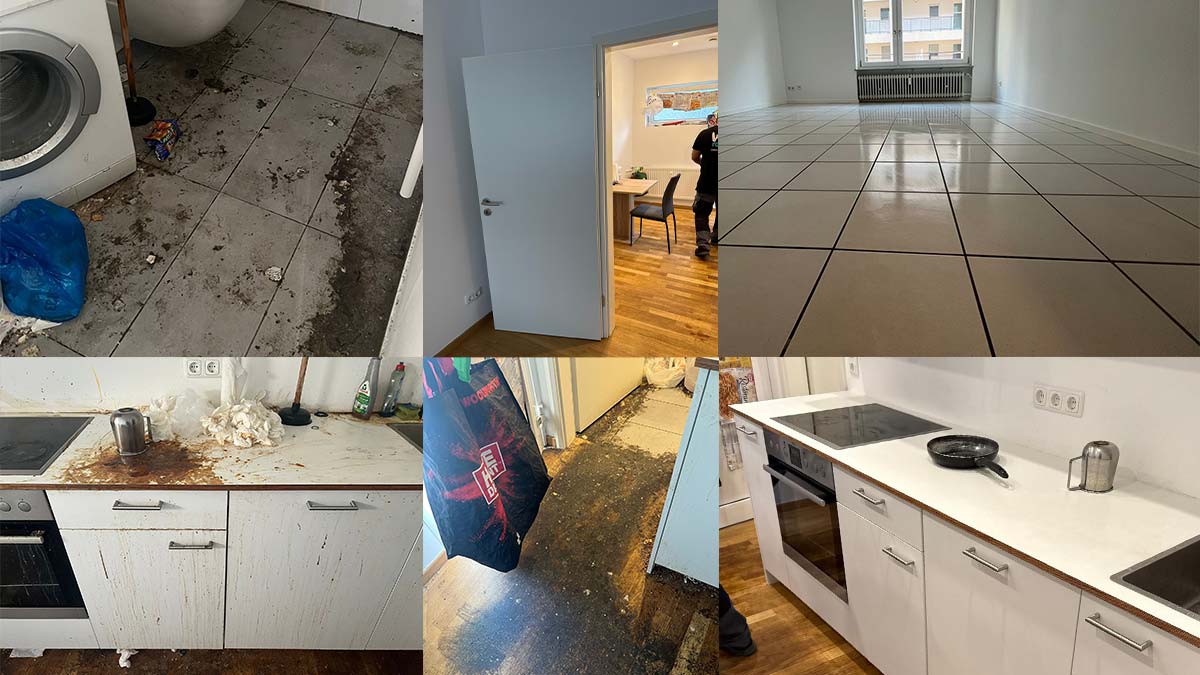 MM-Glanzrein-service-Grundreinigung-Header Collage einer professionellen Grundreinigung mit Vorher- und Nachher-Bildern einer stark verschmutzten Wohnung. Zu sehen sind eine verschmutzte Küche und ein Badezimmer vor der Reinigung sowie saubere Wohnräume und eine gereinigte Küche nach der Grundreinigung.